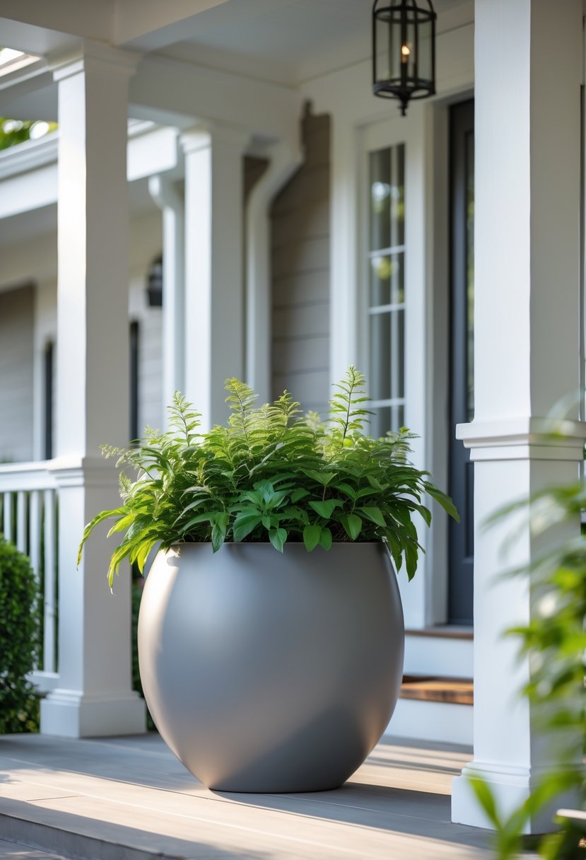 Tall gray round planter with green plants on a front porch near the entrance of a house.