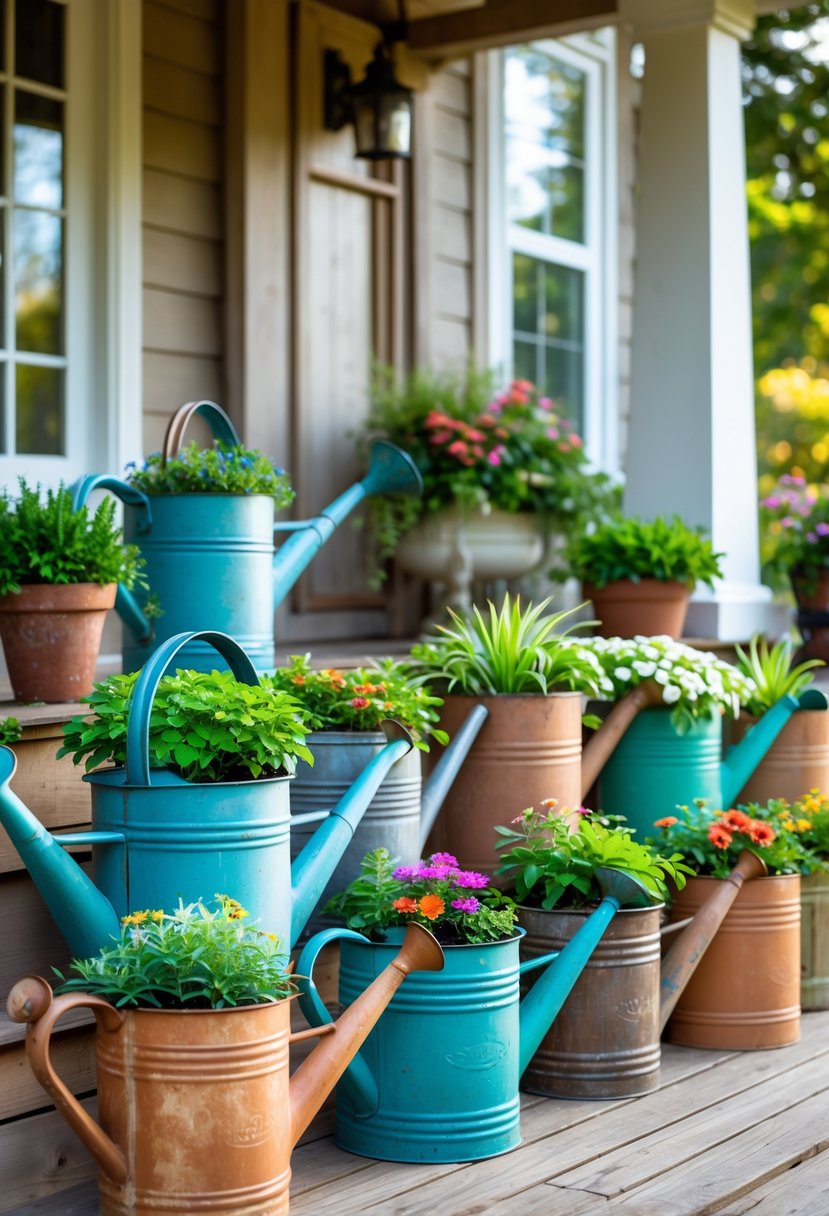 A front porch with 15 vintage watering cans used as planters, filled with green plants and colorful flowers.