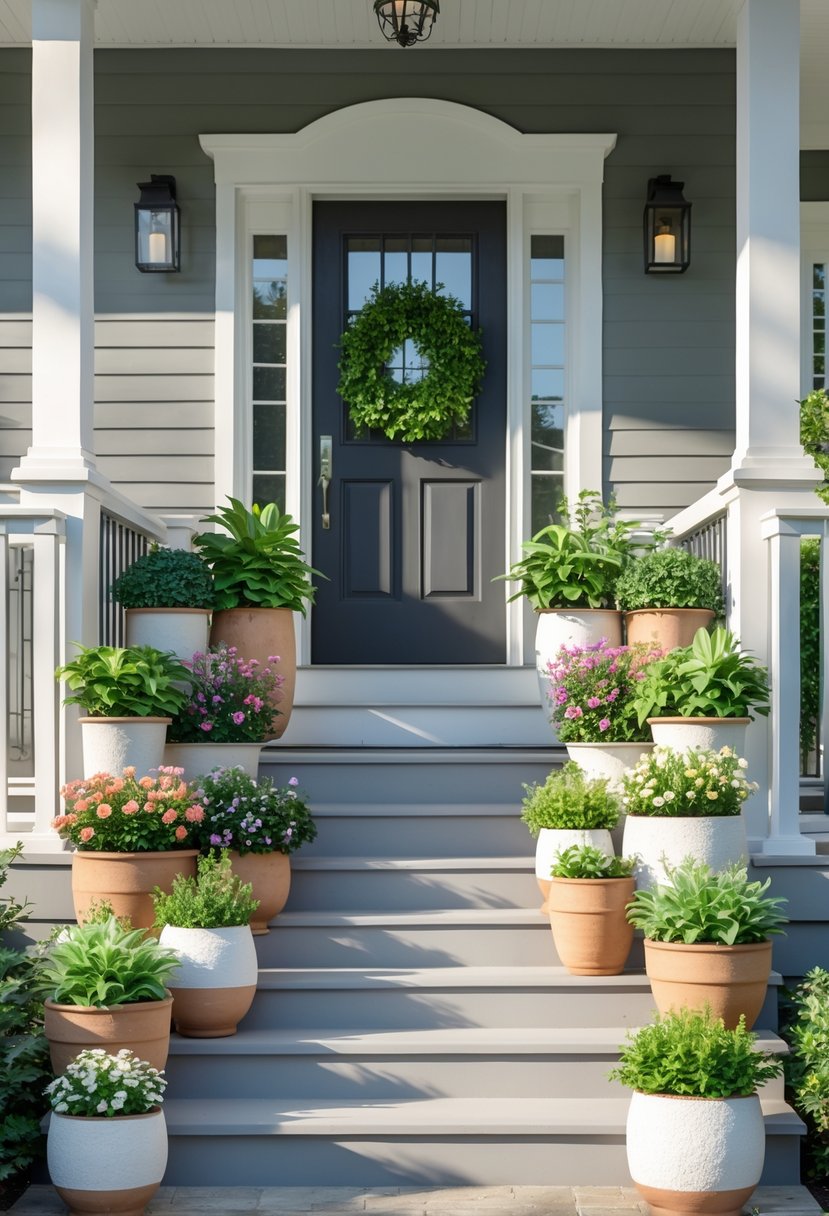 Front porch with 15 matching planters filled with various green plants and flowers arranged neatly around the steps and railings.