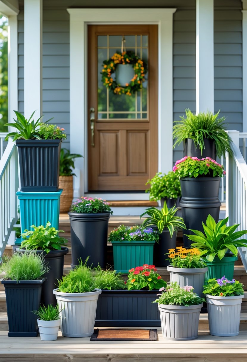 A front porch with fifteen weather-resistant plastic planters filled with green plants and colorful flowers arranged around the entrance.