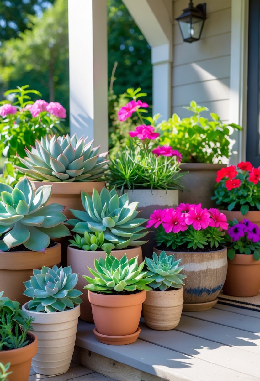 A front porch with 15 planters filled with a mix of green succulents and colorful flowering plants arranged neatly.