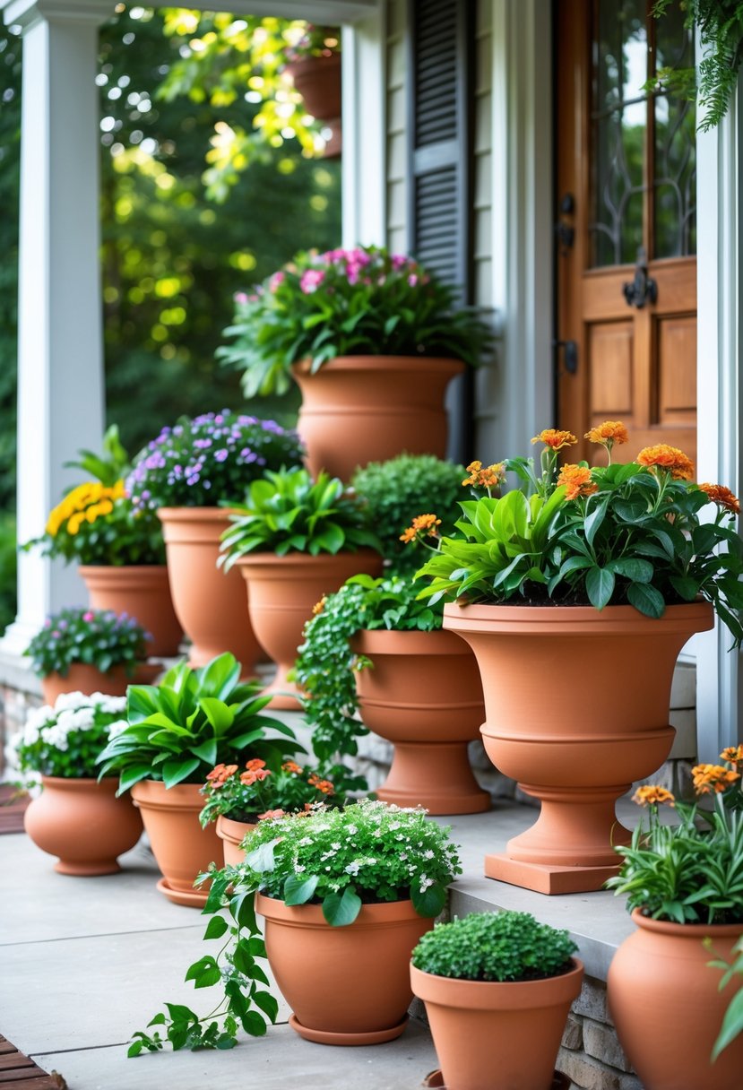 A front porch with 15 terracotta pots of different sizes filled with various green plants and colorful flowers.