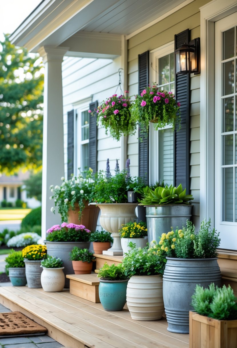 A front porch decorated with a variety of colorful planters filled with flowers and greenery arranged along the steps and railing.