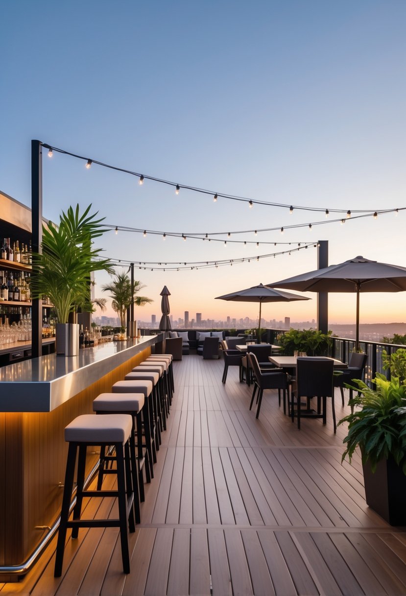 Outdoor terrace bar with wooden decking, bar stools, tables with umbrellas, plants, and city skyline in the background.