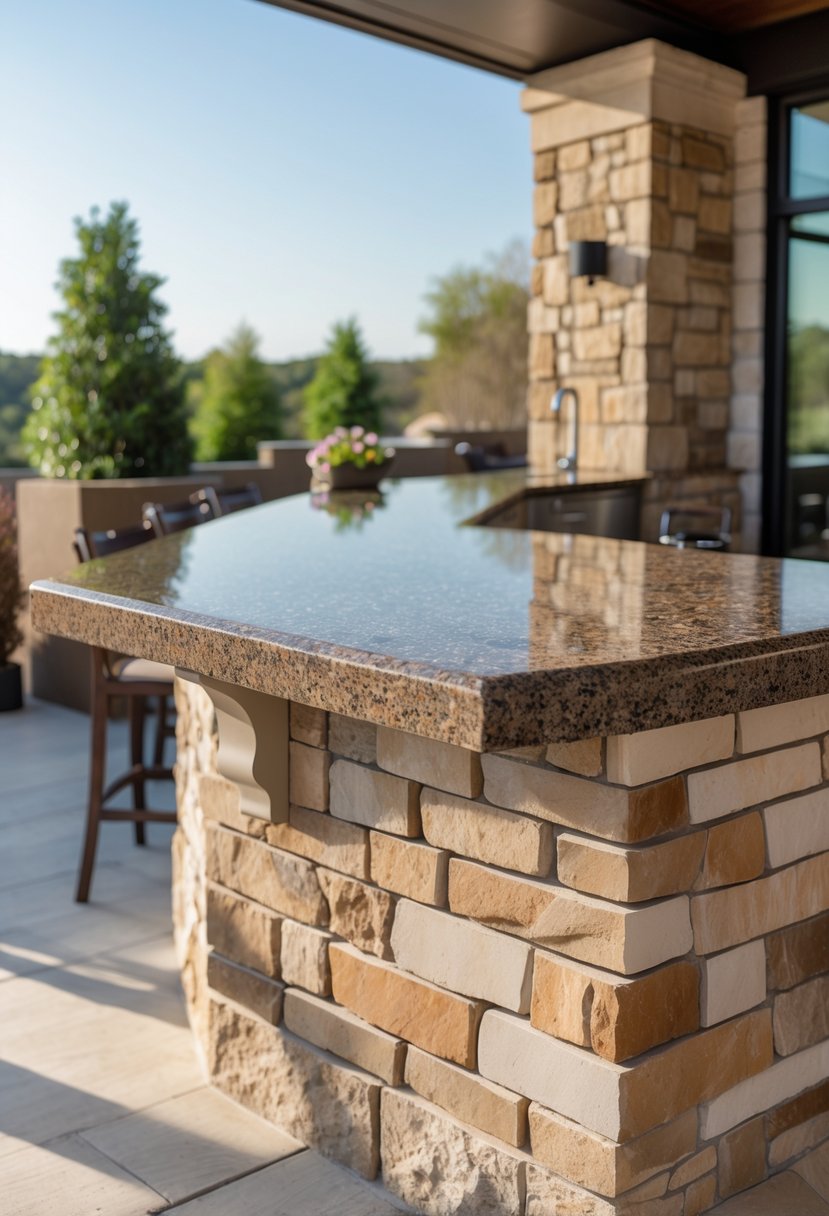 Built-in stone bar with granite countertop on an outdoor terrace with seating and plants.