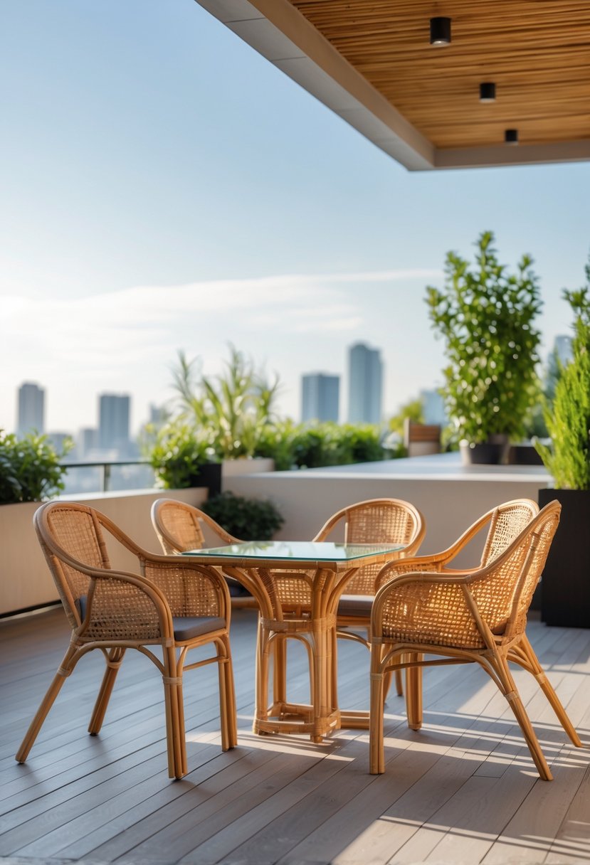 Outdoor terrace bar seating area with rattan chairs and table under natural daylight.