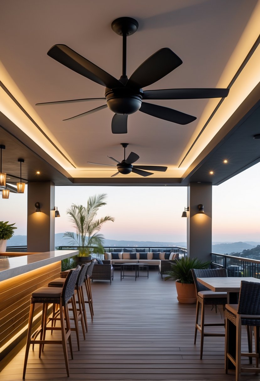 Outdoor terrace bar with a ceiling fan, seating, and plants under a clear sky.