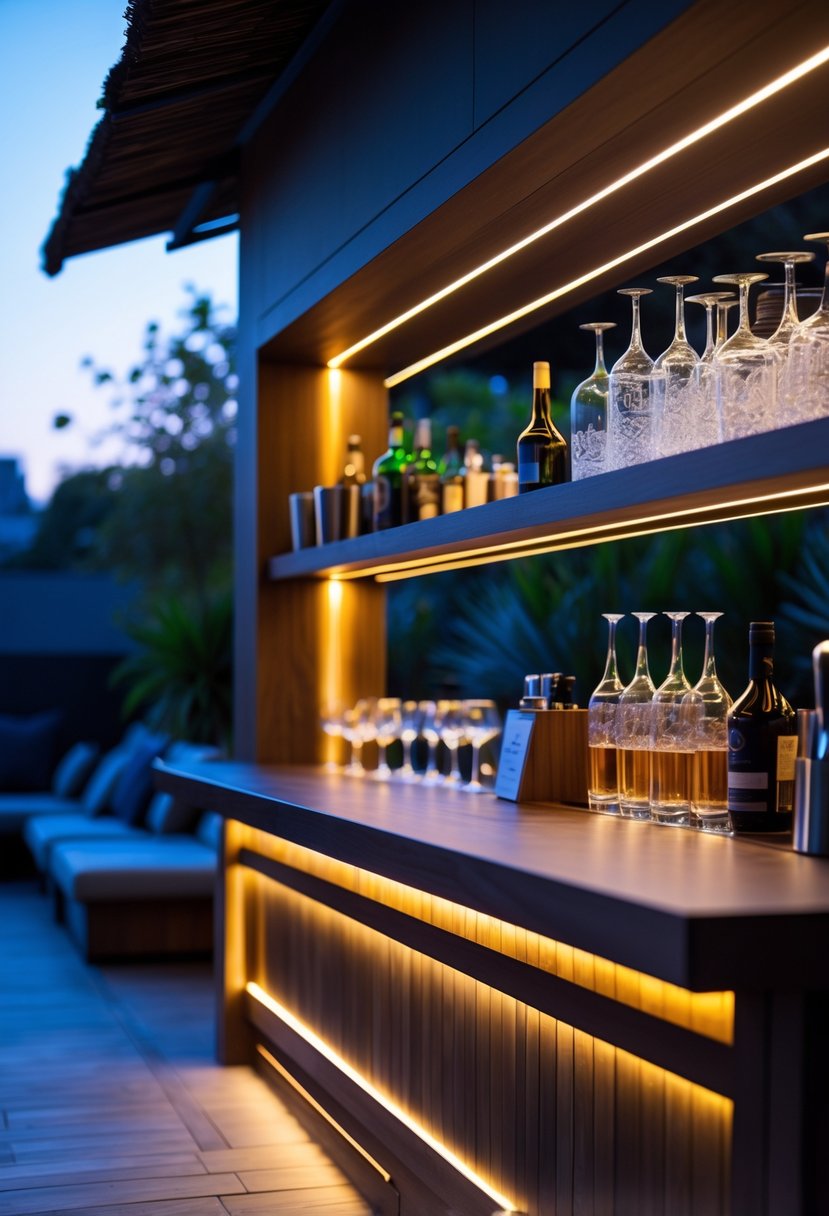 Outdoor terrace bar with LED strip lighting under wooden shelves illuminating bottles and glassware.