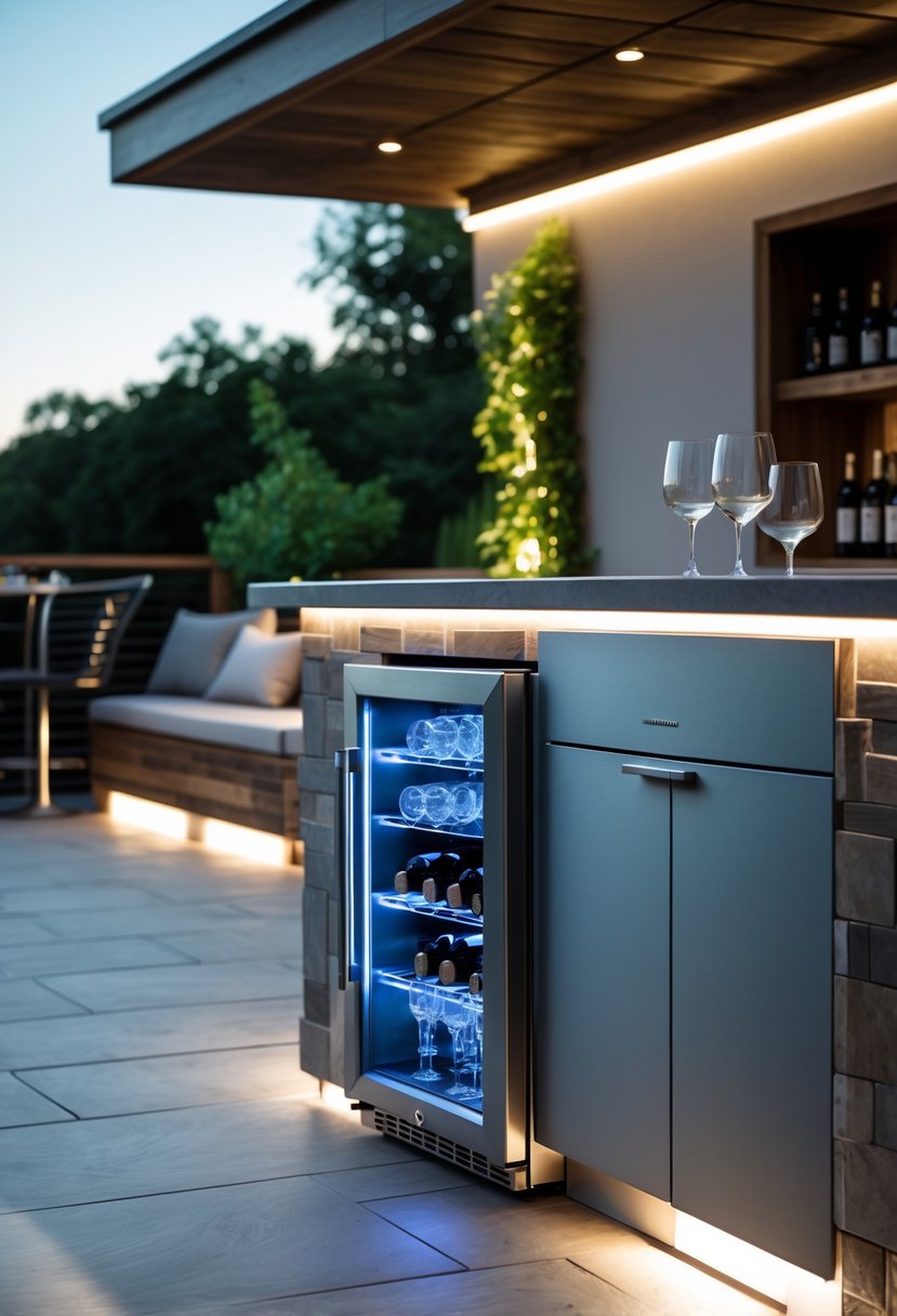 A terrace bar with a compact fridge and wine cooler combo integrated into the outdoor bar surrounded by seating and greenery.
