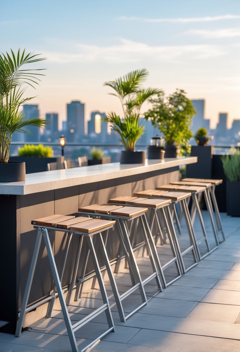 Outdoor terrace with ten foldable bar stools arranged around a bar-height counter, surrounded by plants and cityscape in the background.