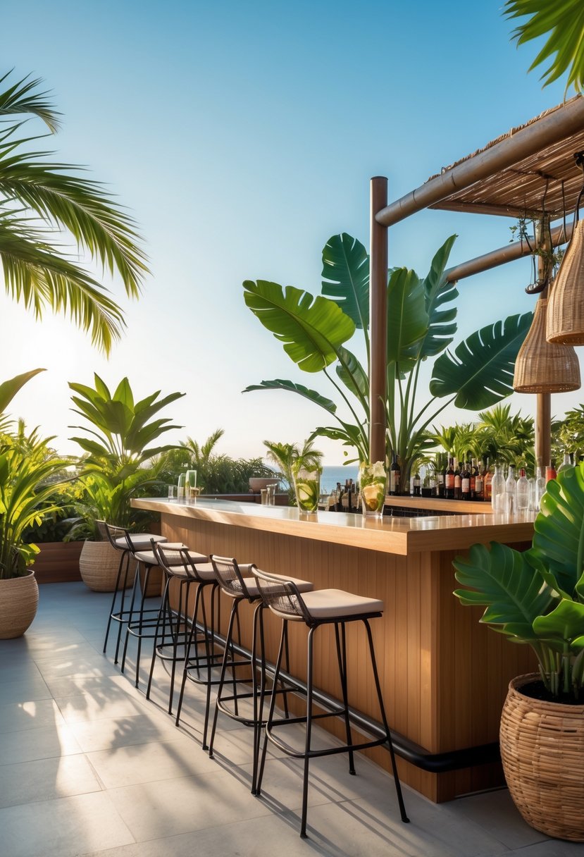 Outdoor terrace bar with ten bar stools surrounded by various potted tropical plants under a clear sky.