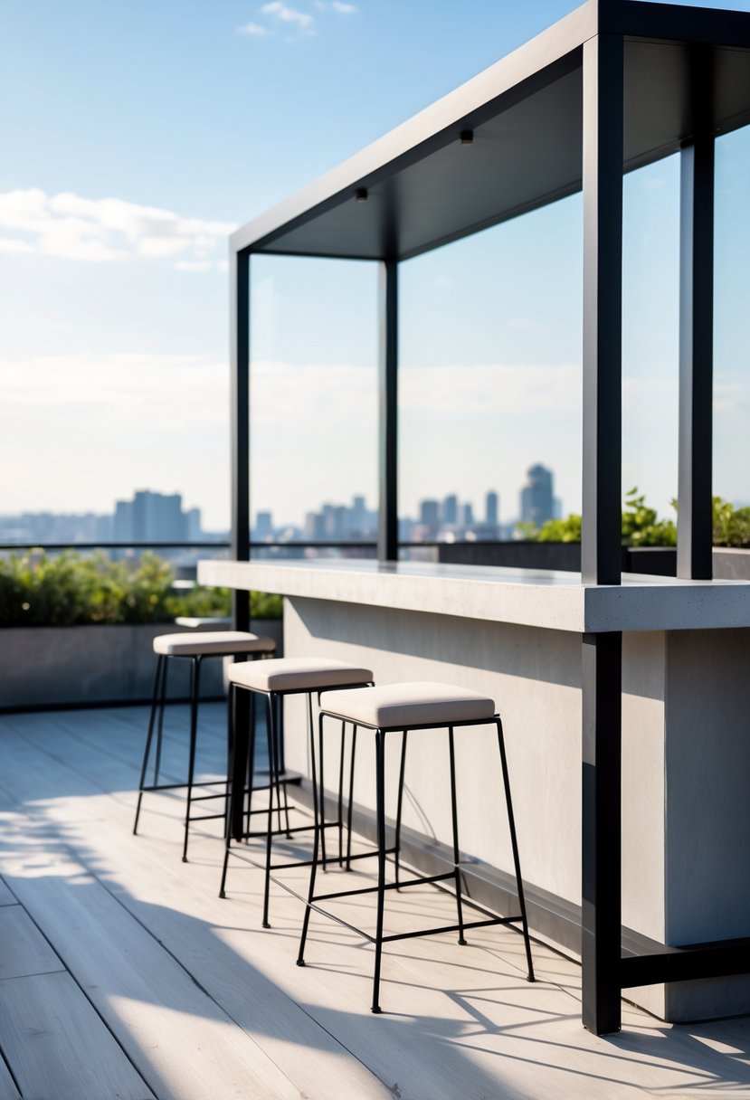 Outdoor terrace bar with a metal frame and concrete countertop, surrounded by bar stools and cityscape in the background.