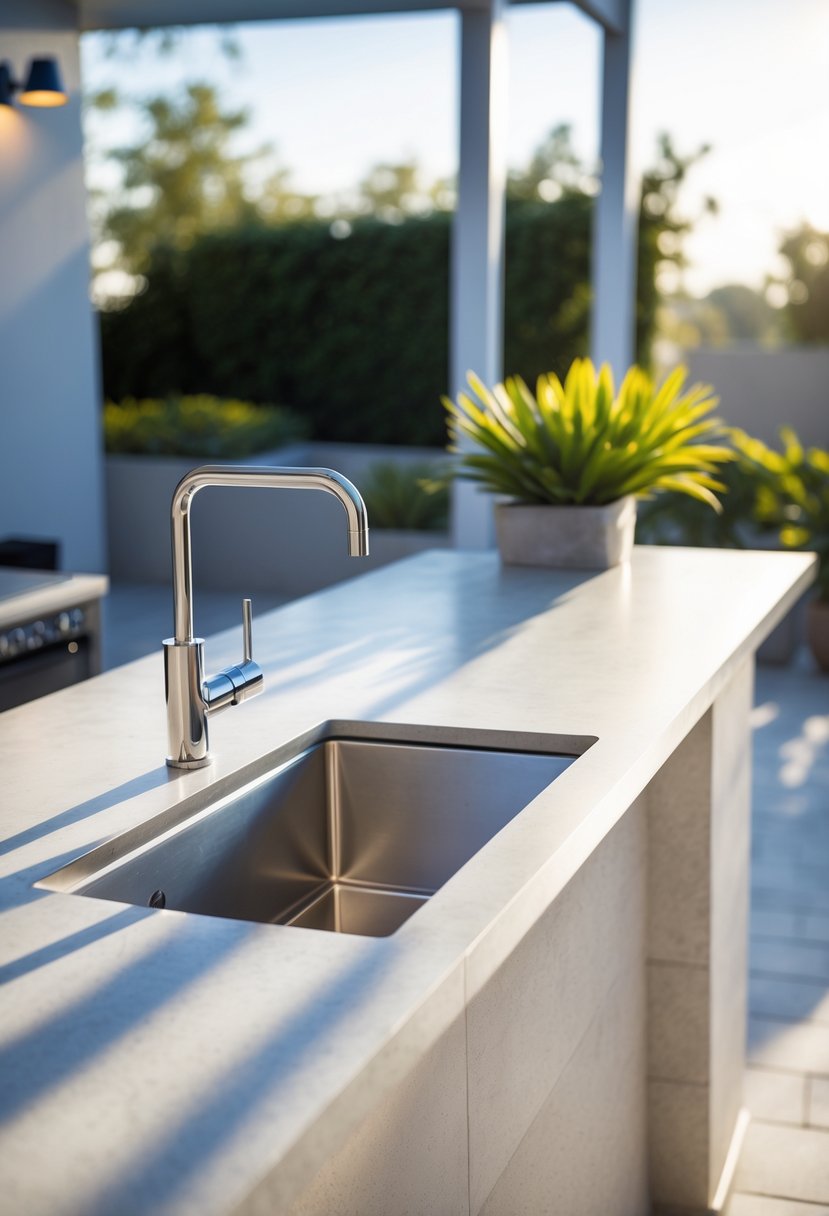 A terrace bar counter with an integrated sink and faucet, surrounded by outdoor elements.