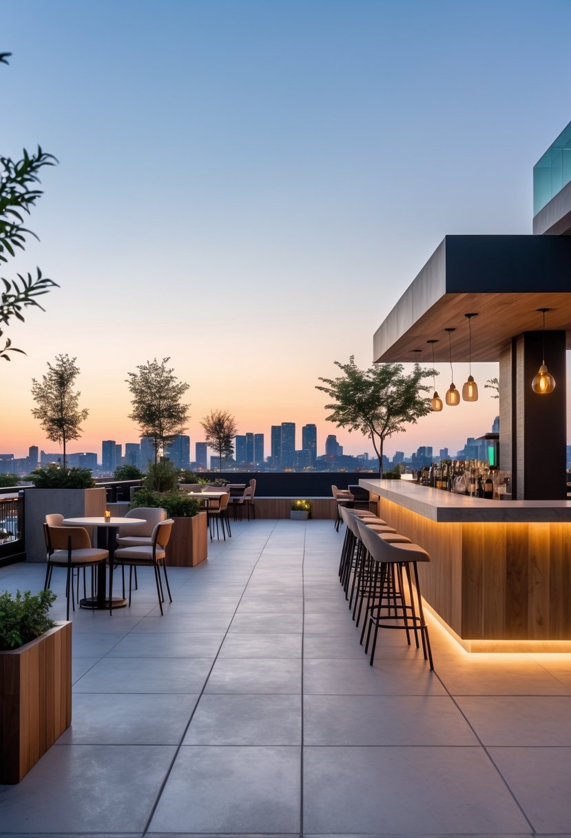 An outdoor terrace bar with wooden counter, cushioned stools, tables, chairs, plants, and city skyline at sunset.
