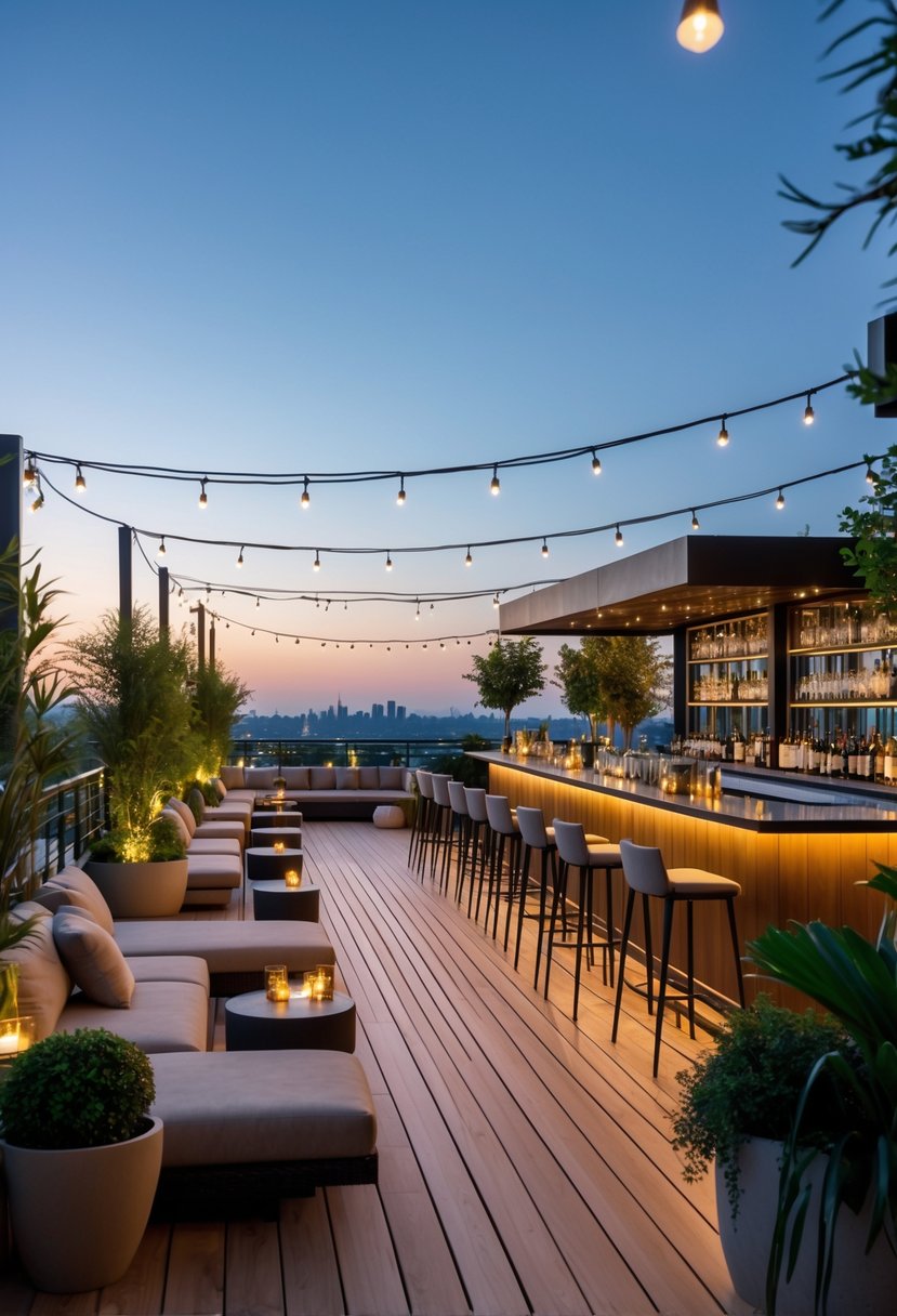 Outdoor terrace bar with wooden decking, lounge seating, bar stools, string lights, and plants under an evening sky.