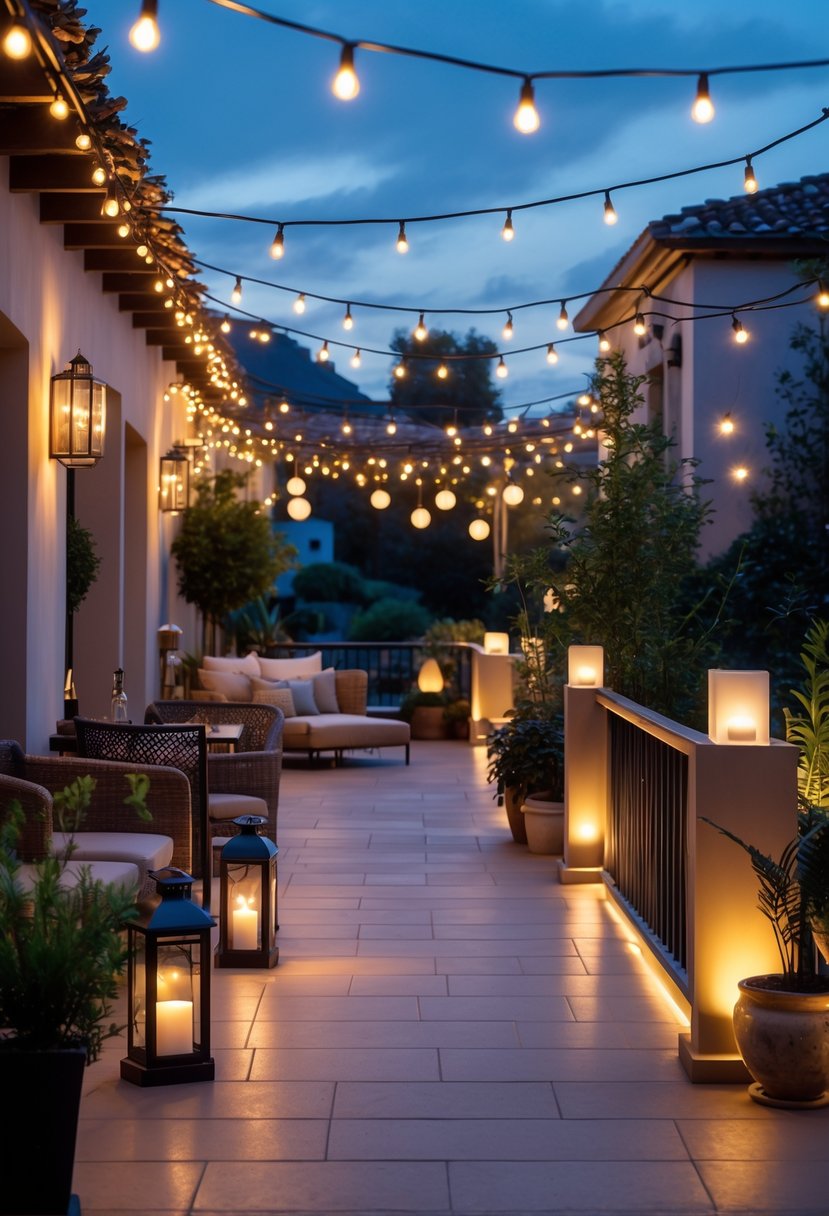 Outdoor terrace at dusk illuminated by various types of warm and decorative lighting, including string lights, lanterns, and spotlights, with seating and plants visible.
