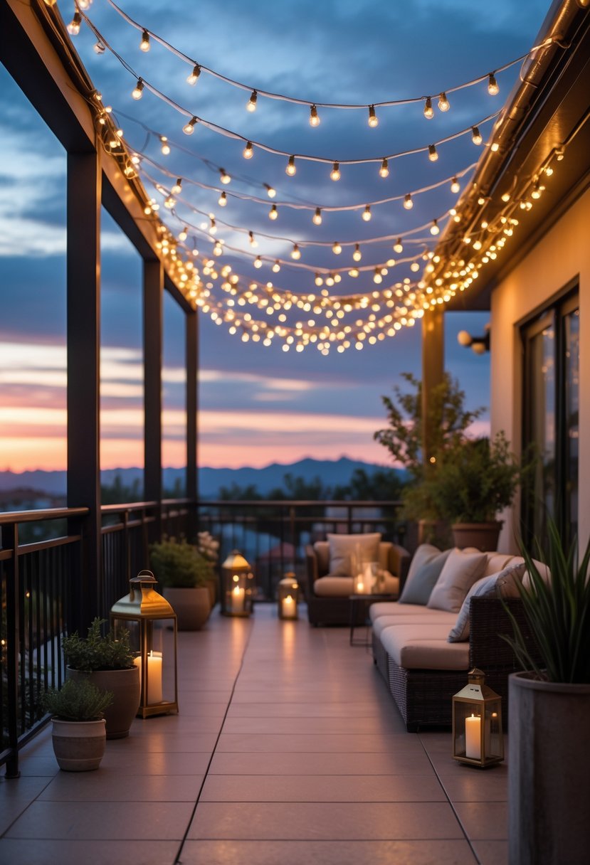 A terrace decorated with warm string lights overhead and around the railing, featuring outdoor seating and plants at dusk.