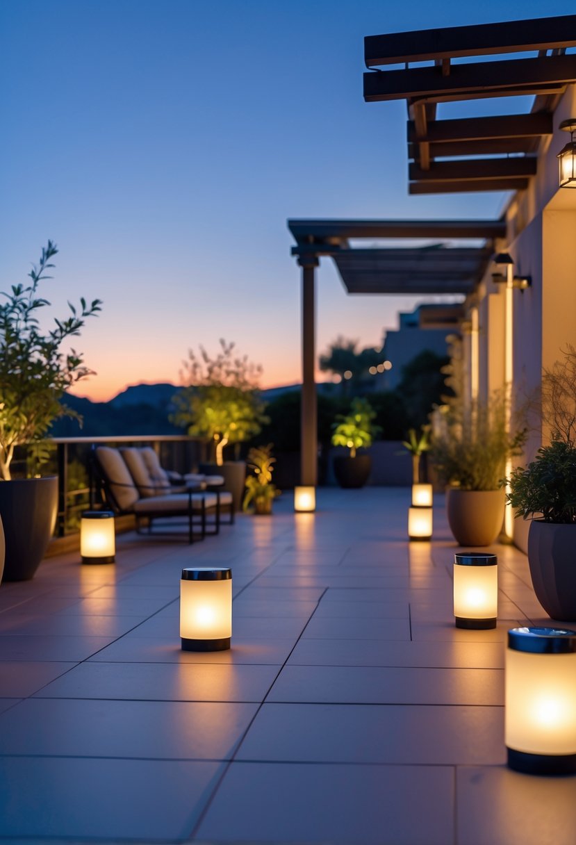 Outdoor terrace at dusk lit by several solar-powered lanterns placed on tables and hanging from structures, surrounded by plants and modern furniture.