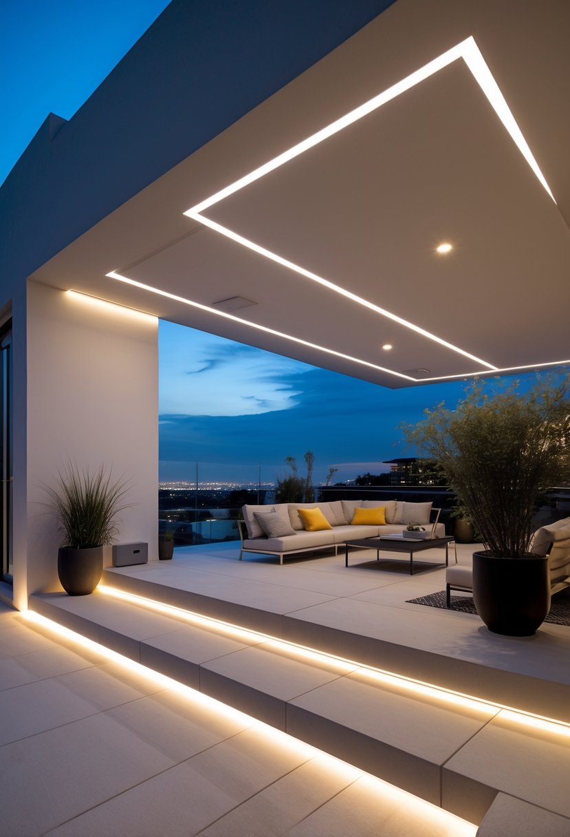 Outdoor terrace at twilight with recessed ceiling lights illuminating a seating area and plants.
