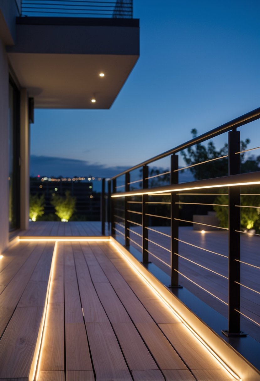 Outdoor terrace at dusk with LED strip lights glowing under metal railings, wooden decking, and minimalist furniture.