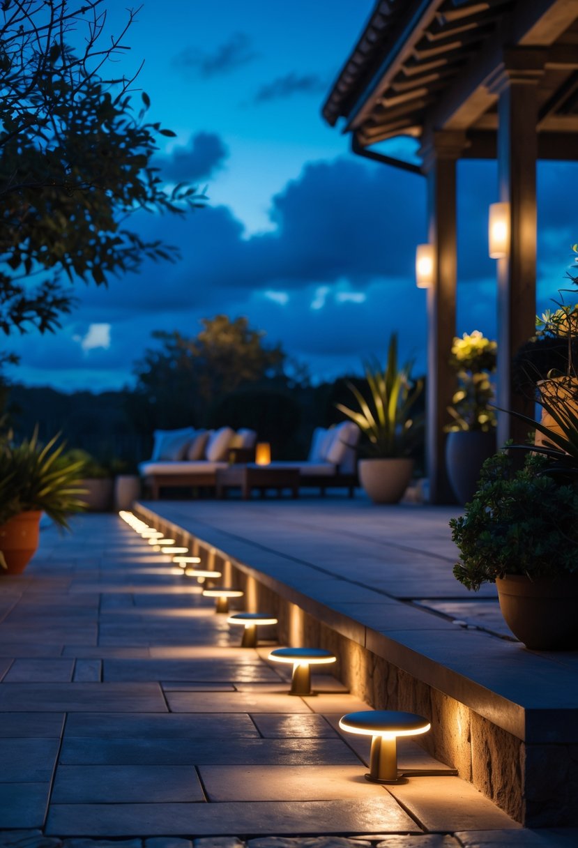 A stone walkway on a terrace illuminated by ground-level pathway lights at dusk, surrounded by plants and outdoor seating.