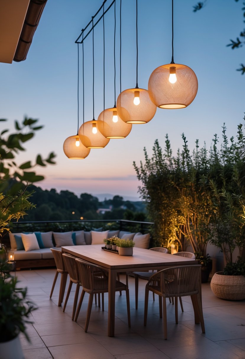 Outdoor terrace dining area with hanging pendant lights illuminating a wooden table surrounded by chairs and plants.