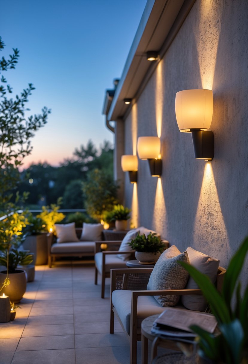 An outdoor terrace with wall-mounted sconces casting soft light on walls and surrounding plants, creating a cozy evening atmosphere.