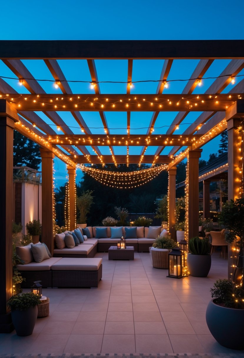 Outdoor terrace with wooden pergolas decorated with glowing fairy lights, cozy seating, and surrounding plants at dusk.