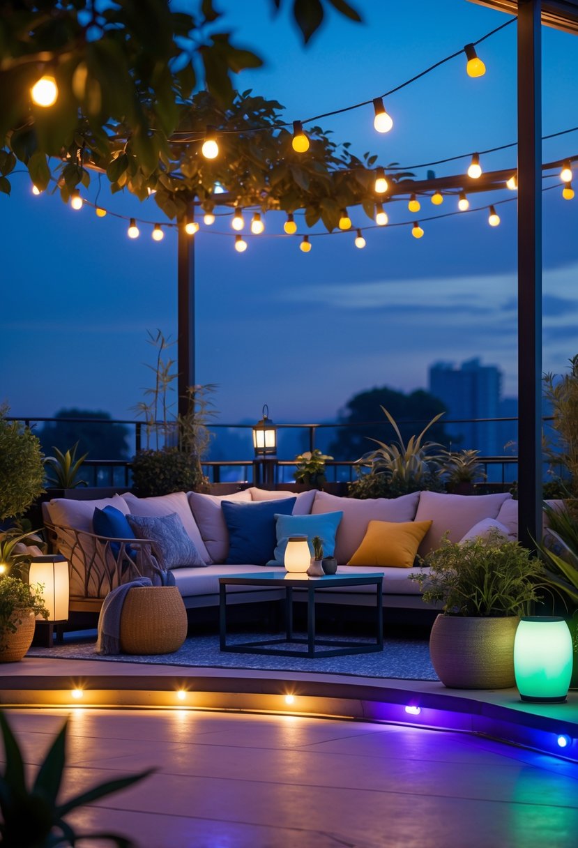 Outdoor terrace at dusk with modern furniture and color-changing LED lights creating a relaxing mood.