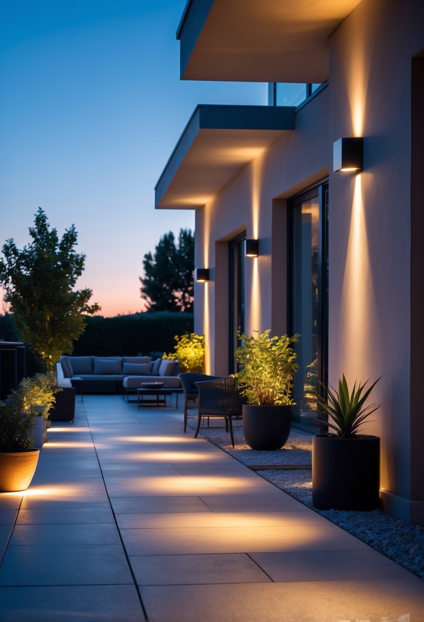A modern terrace at dusk lit by motion sensor security lights with outdoor furniture and plants.