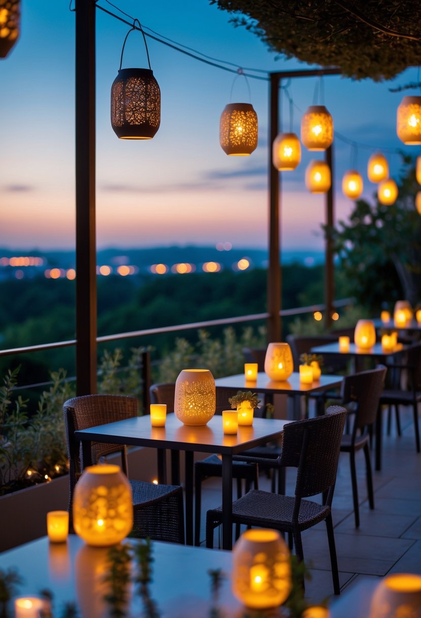 Outdoor terrace with tables featuring clusters of glowing lanterns providing warm ambient light at dusk.
