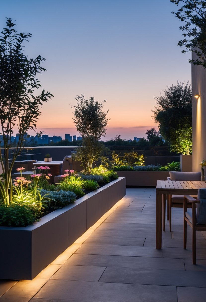 Outdoor terrace at dusk with built-in planter lights illuminating green plants along the edge and modern outdoor furniture nearby.