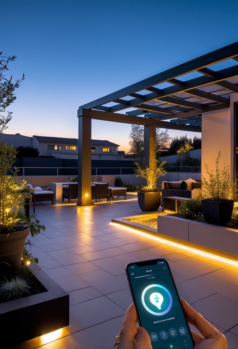 Outdoor terrace at twilight with modern furniture and warm smart lighting, a person holding a smartphone controlling the lights.