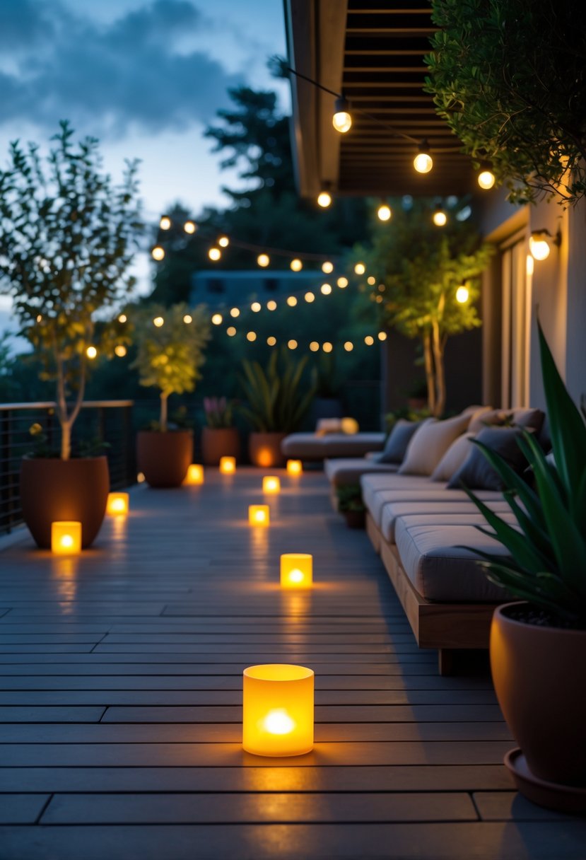An outdoor terrace at dusk with battery-operated candle lamps glowing warmly around a cozy seating area surrounded by plants.