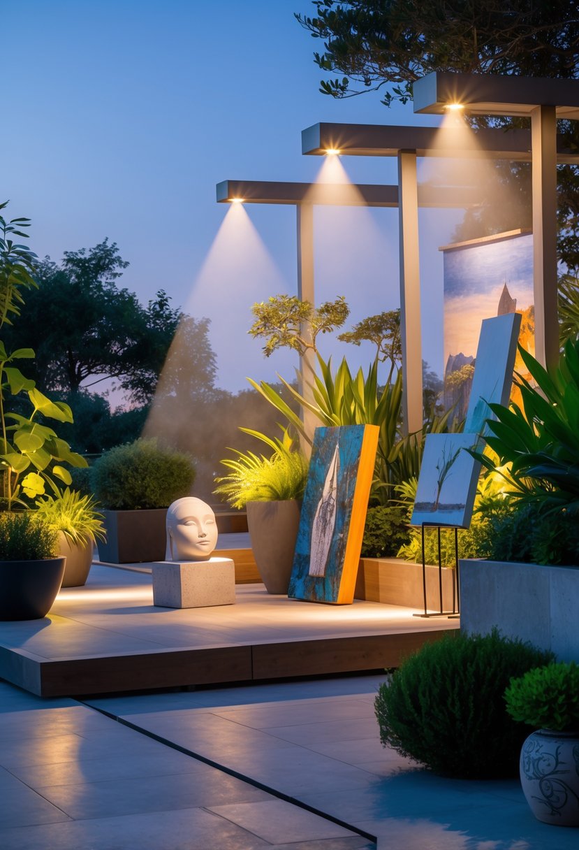 Terrace with bright spotlights illuminating art pieces and green plants in an outdoor setting during early evening.