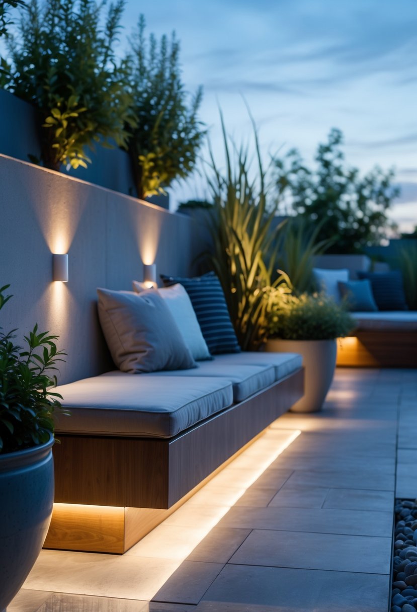Outdoor terrace with a wooden bench illuminated by soft LED lights underneath, surrounded by plants and outdoor decor.
