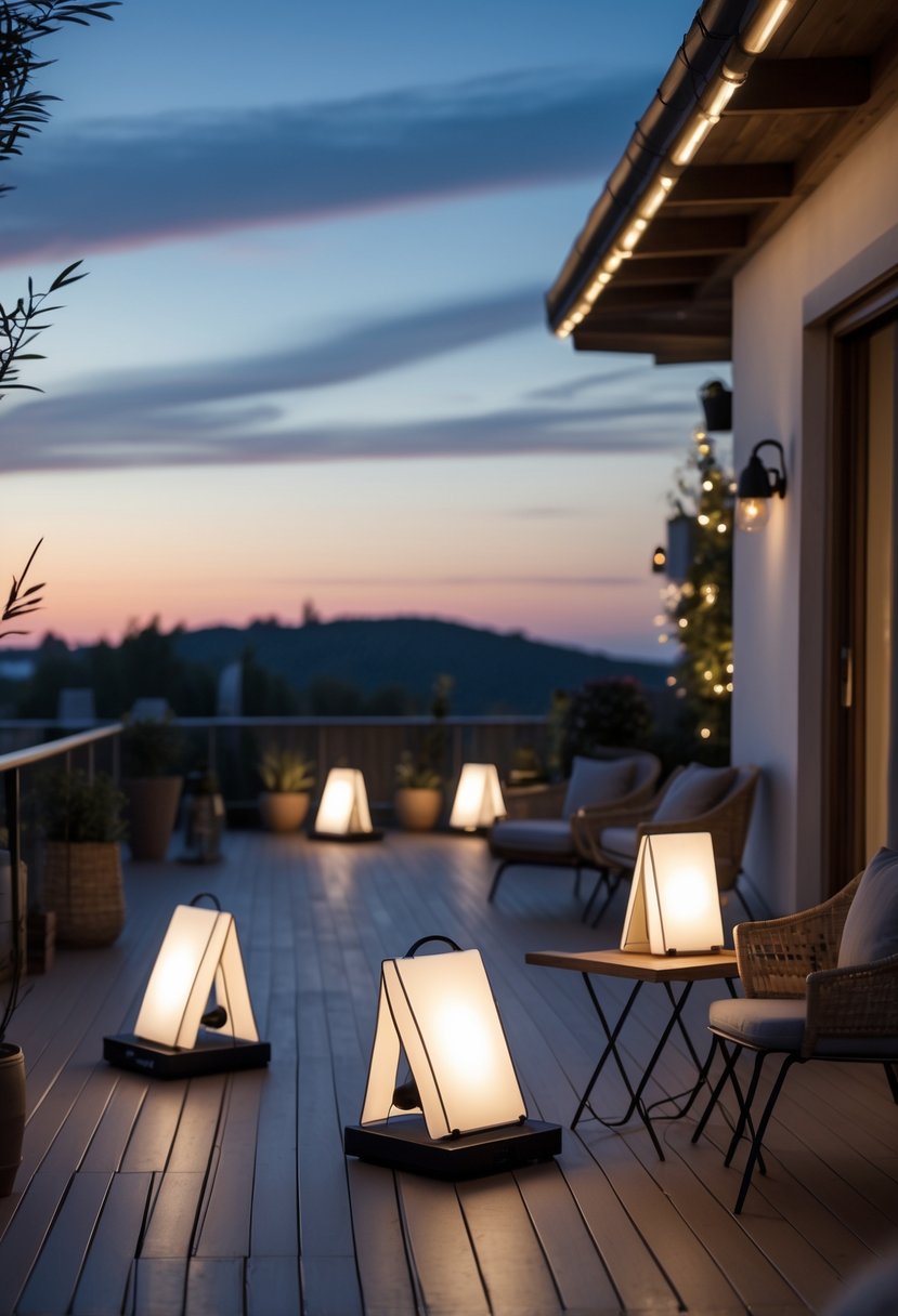 An outdoor terrace at dusk lit by several foldable portable lamps, with seating and plants creating a cozy atmosphere.