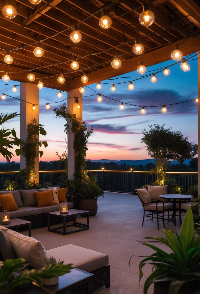 Outdoor terrace with globe string lights hanging across the ceiling, surrounded by plants and seating at dusk.