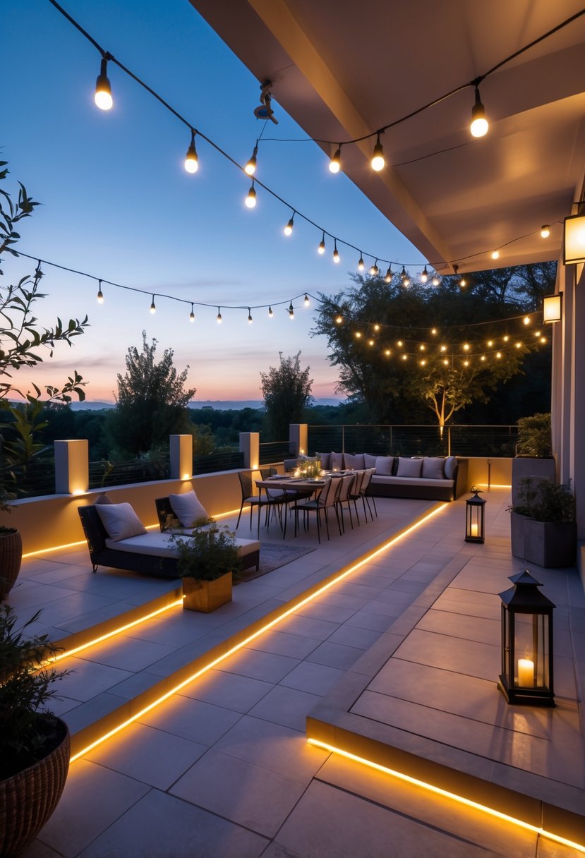 Outdoor terrace at dusk with modern furniture and multiple types of warm glowing lights illuminating the space.