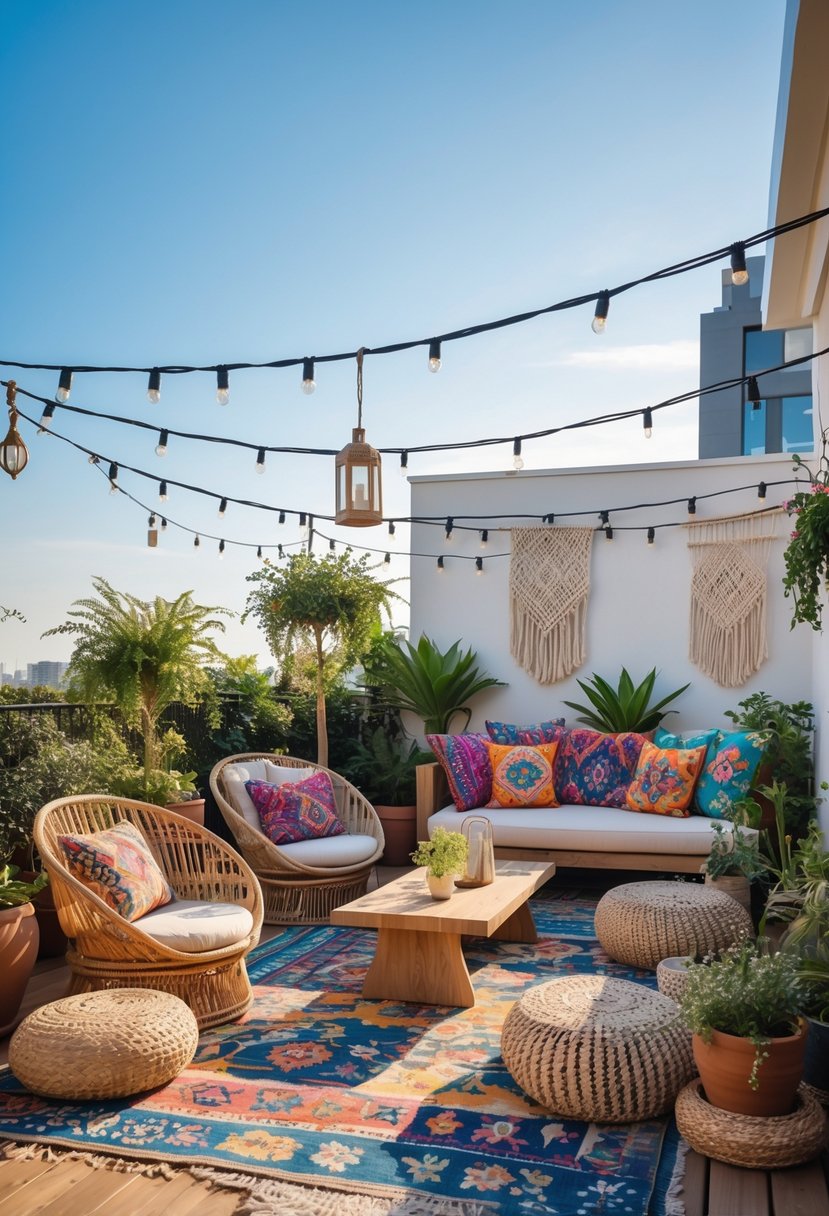 Outdoor terrace with comfortable seating, colorful pillows, plants, and soft lighting under a clear sky.