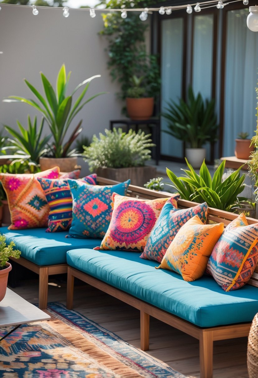 An outdoor L-shaped bench on a terrace with colorful printed pillows and potted plants.