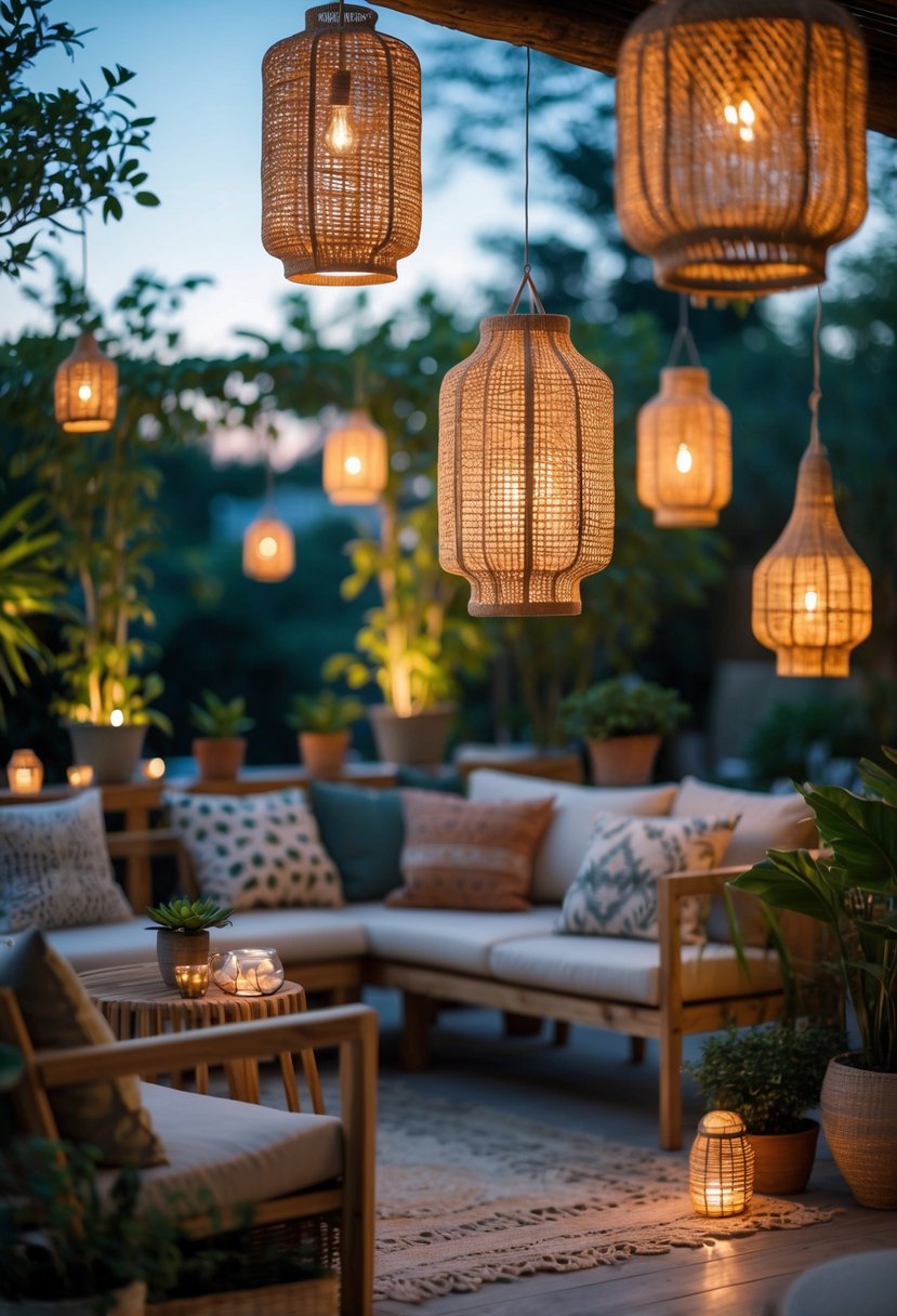Outdoor terrace with woven rattan lanterns hanging and glowing warmly among plants and wooden furniture at dusk.