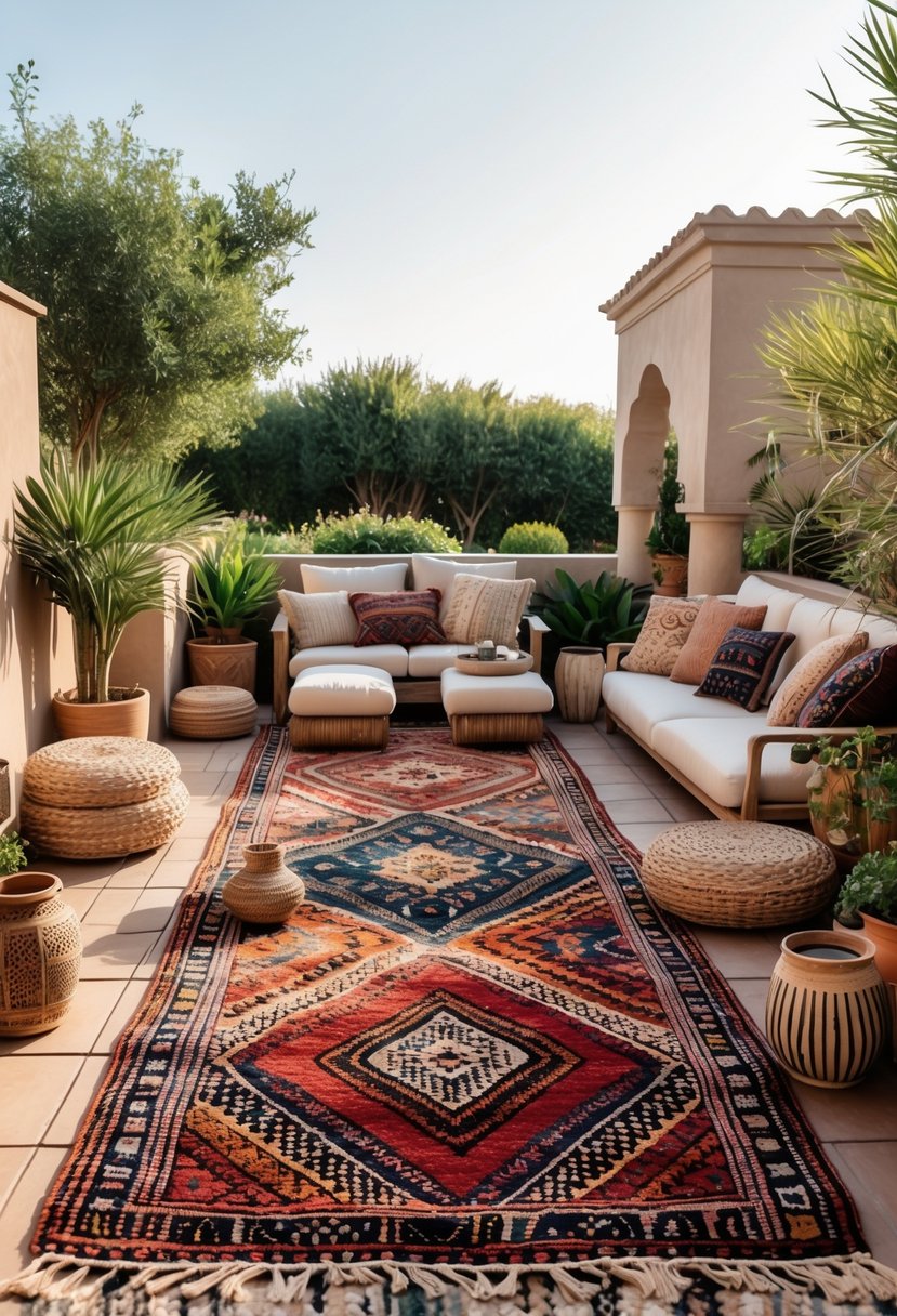 Outdoor terrace with colorful patterned rugs, comfortable seating, and plants under natural sunlight.