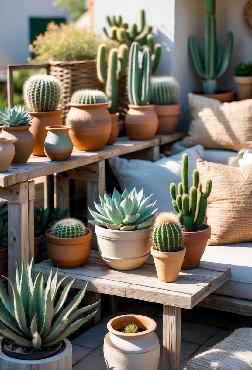An outdoor terrace with various potted succulents and cacti arranged on wooden shelves and tables in natural sunlight.