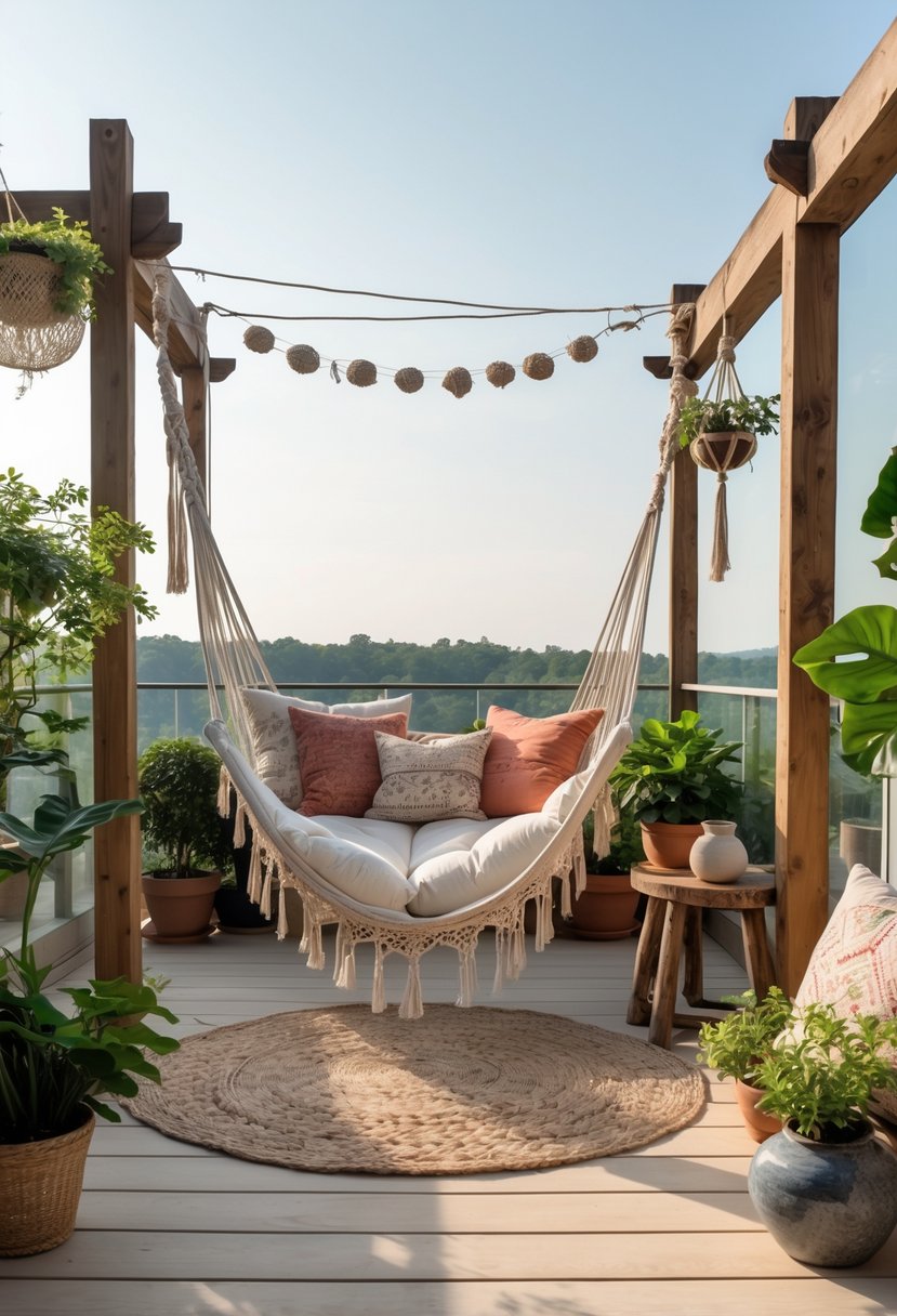 A hammock with cushions on a terrace surrounded by plants and wooden furniture.