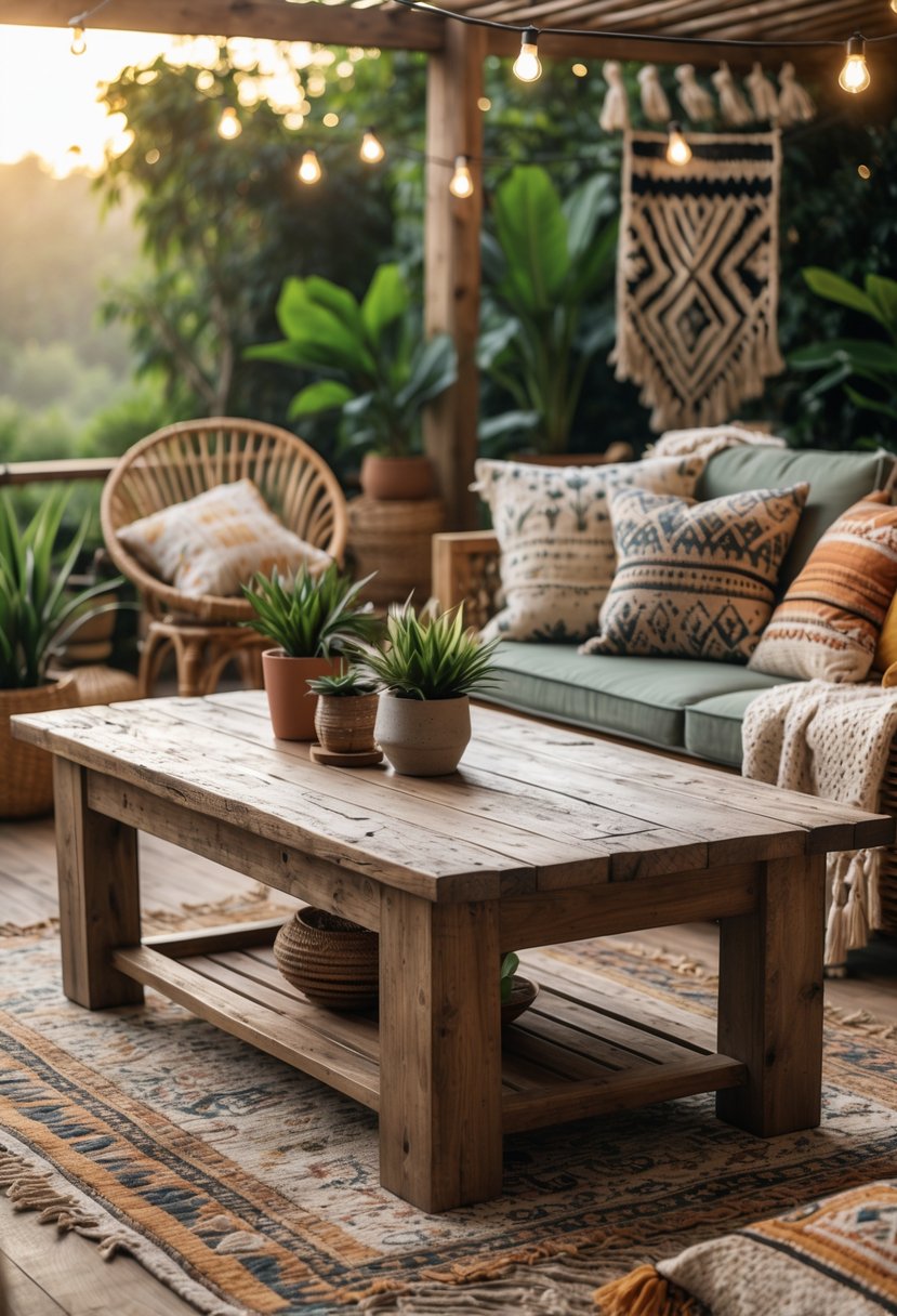 A wooden coffee table with a distressed finish on a terrace decorated with cushions, plants, and natural materials.