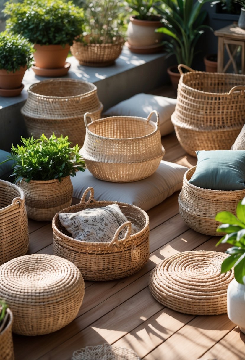 A sunlit terrace with various woven baskets arranged for storage and decoration alongside plants and cushions.