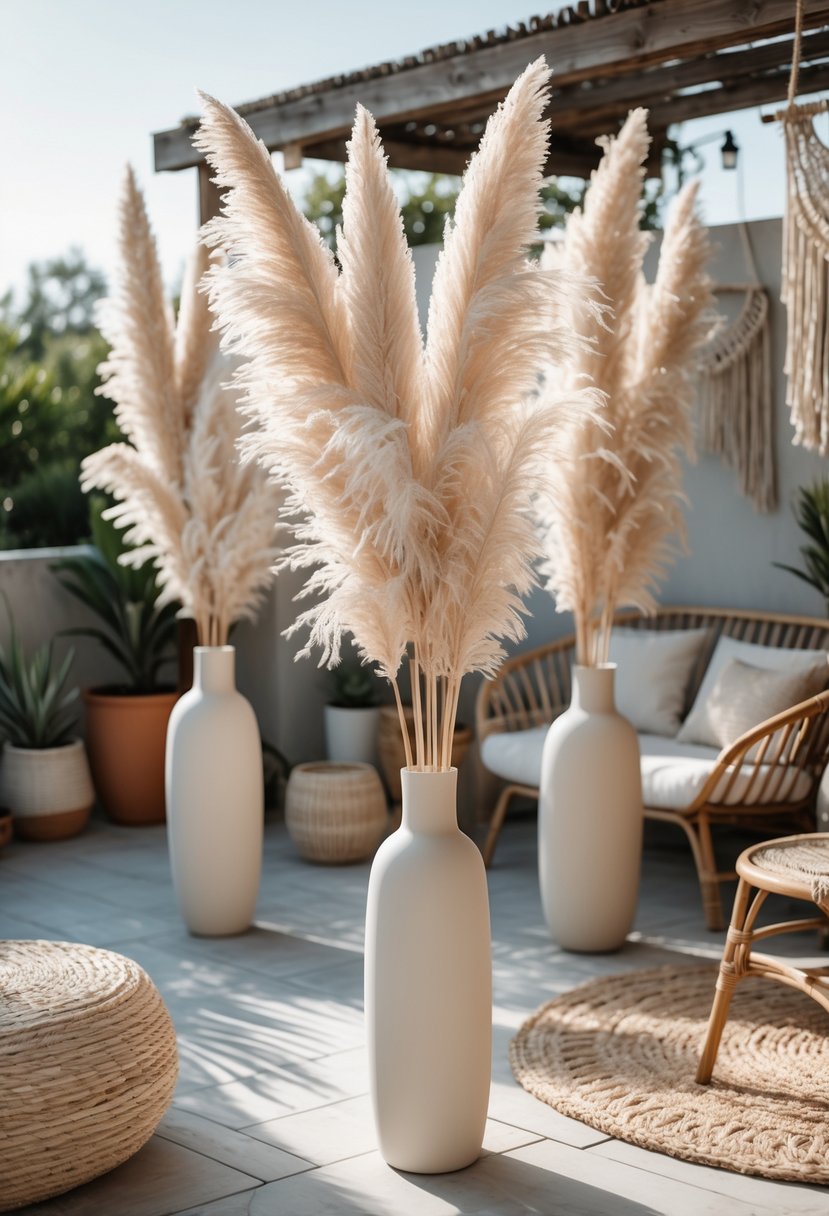 Outdoor terrace with tall floor vases filled with pampas grass, surrounded by plants and seating.