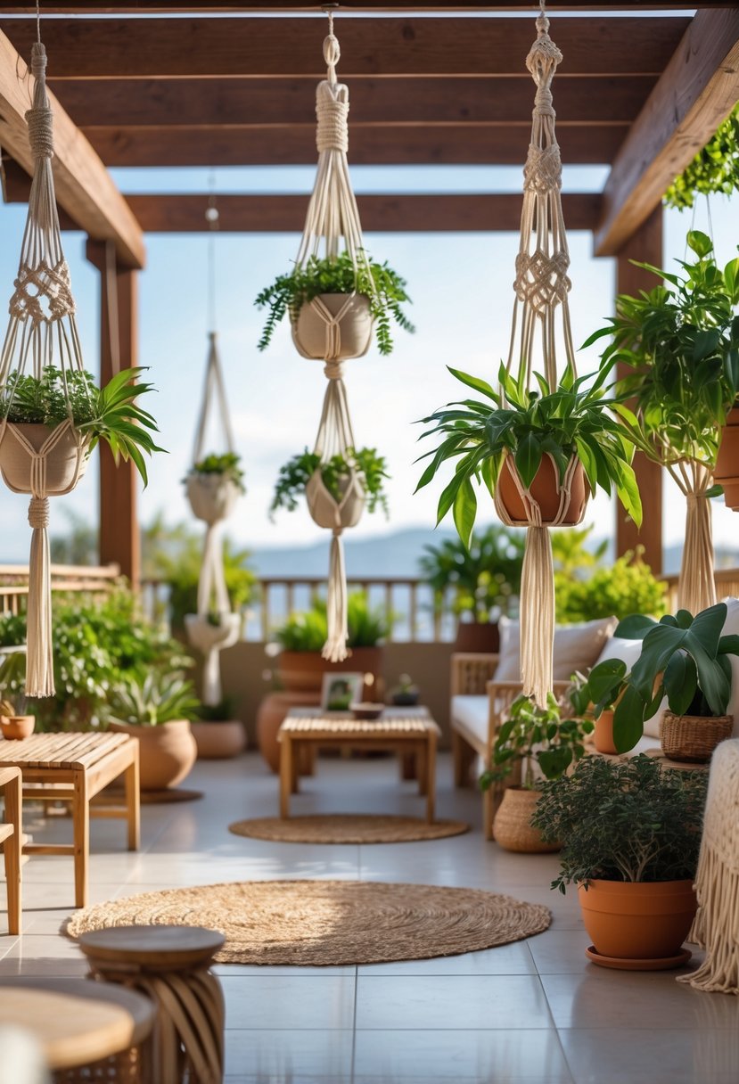 Terrace with multiple hanging planters filled with green plants suspended from above, surrounded by outdoor furniture and natural decor.