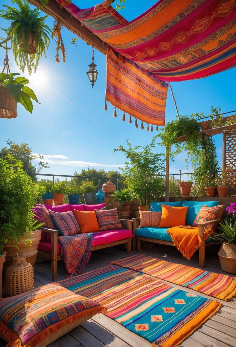 Outdoor terrace with colorful cushions and textiles on wooden furniture surrounded by plants and natural decor.